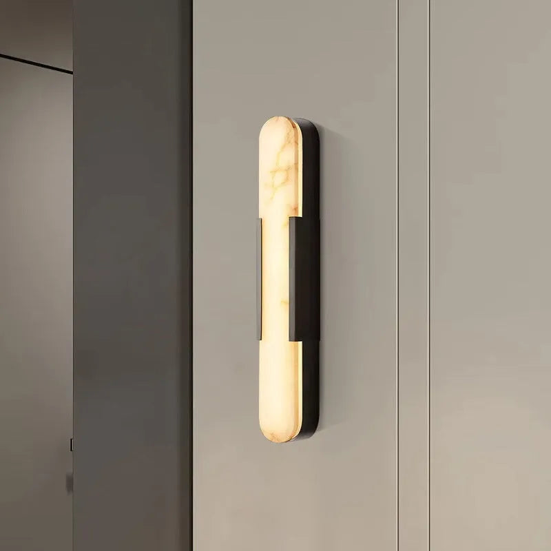 Modern natural marble stone wall lamp with warm LED light, iron body, black finish, 35cm height, mounted on wall