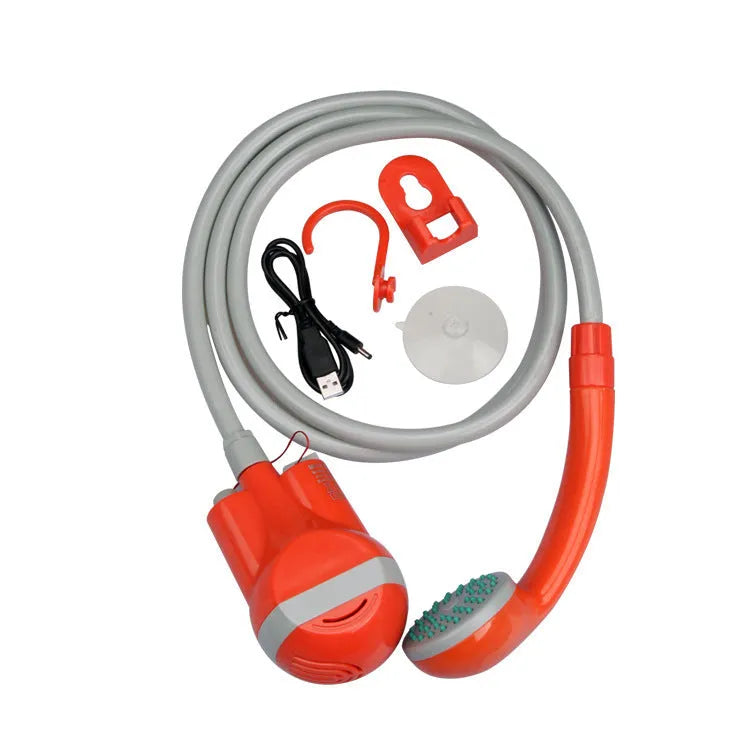 Outdoor electric portable shower in bright orange and yellow, ABS body with 1.8m hose for camping and pet rinse