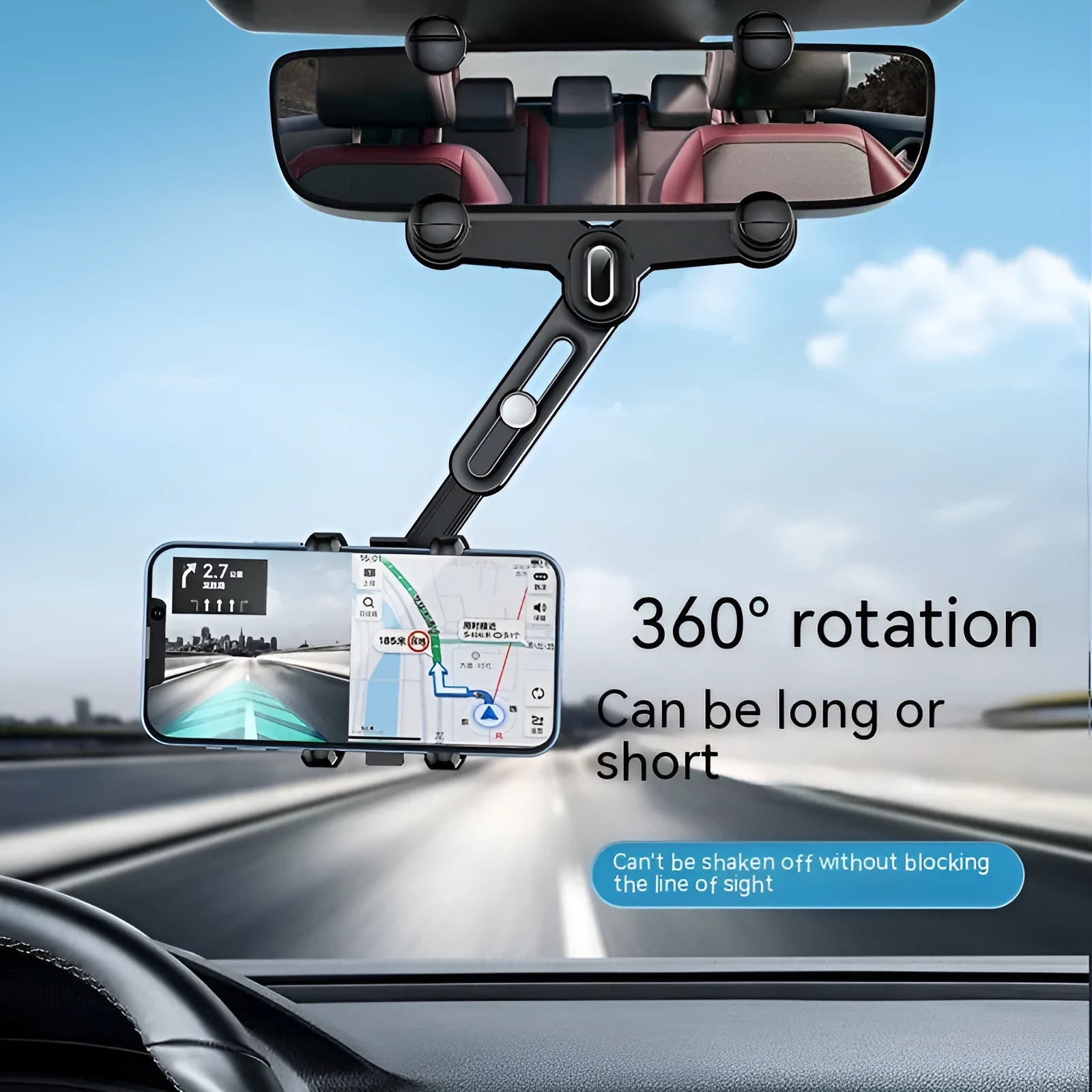 Retractable car phone holder mounted on rearview mirror with adjustable bracket for 4.0-7.0 inch mobile devices
