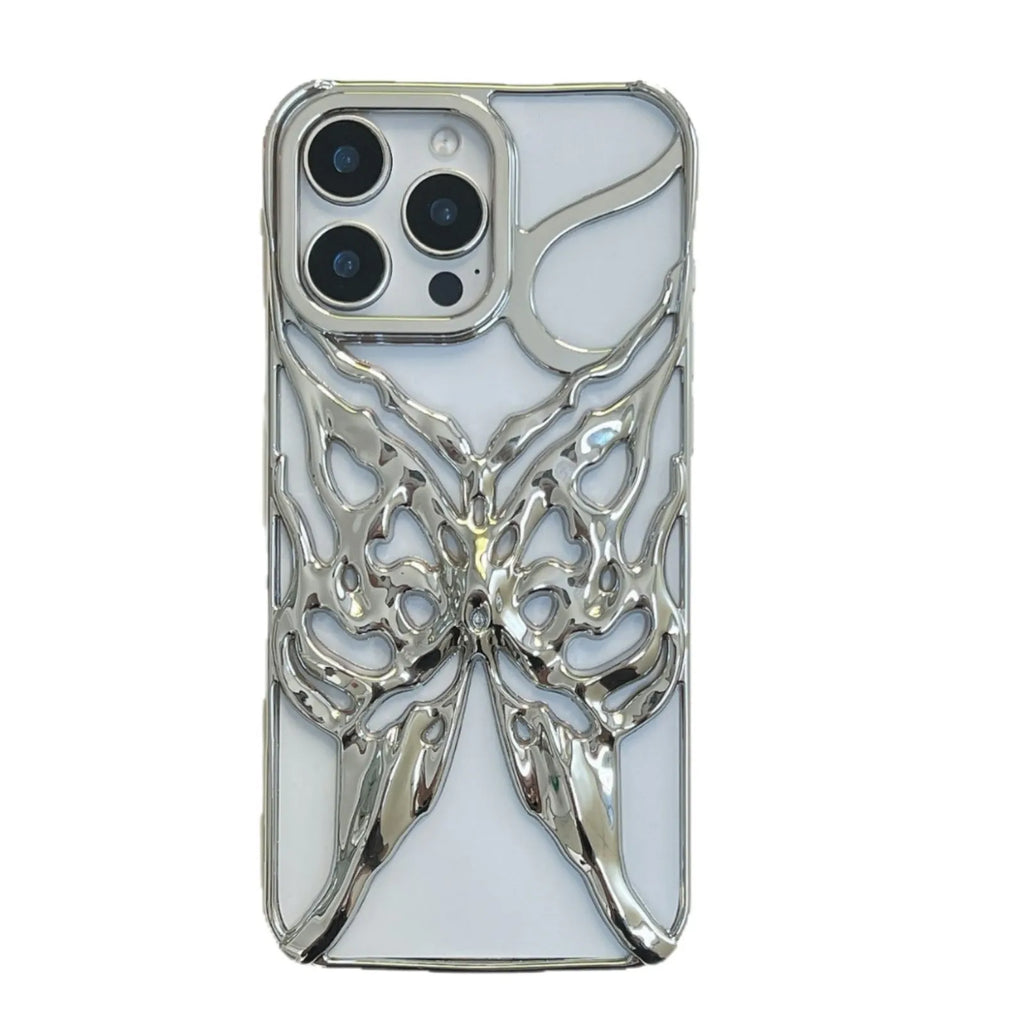 Apple iPhone 16 Pro TPU phone case with electroplated hollow 3D butterfly design in silver, showing full coverage fit