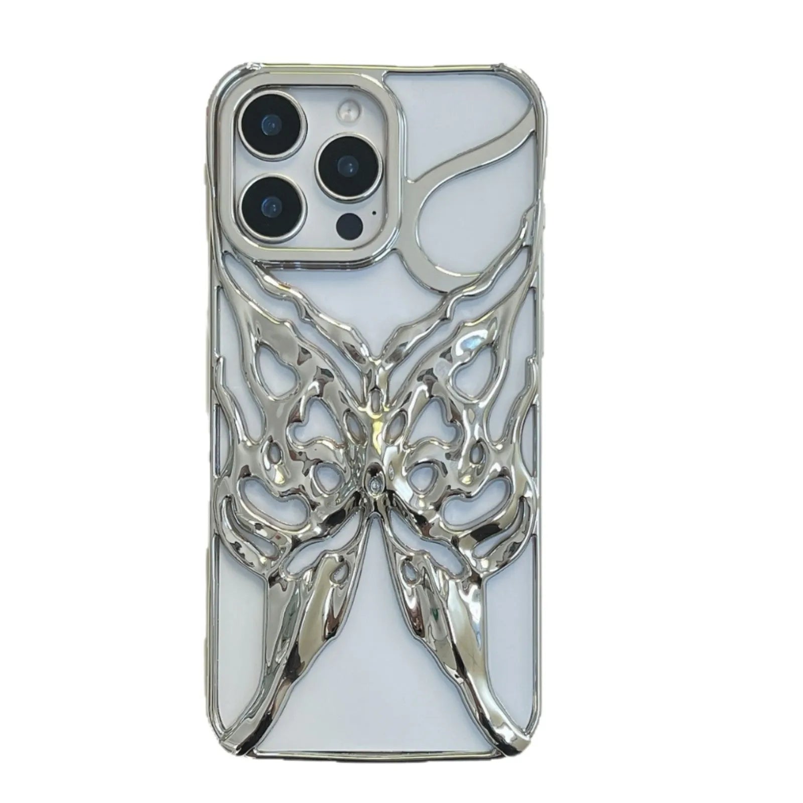 Apple iPhone 16 Pro TPU phone case with electroplated hollow 3D butterfly design in silver, showing full coverage fit