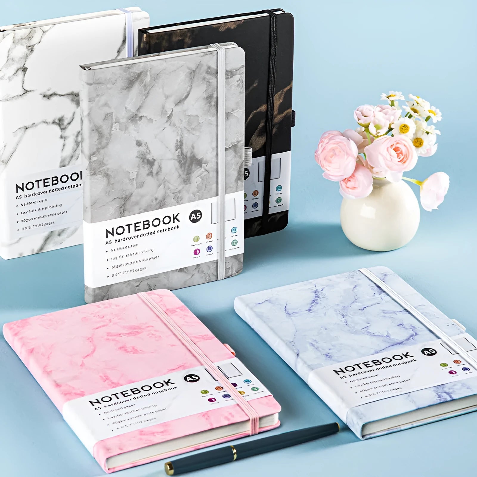 A5 and A6 size PU leather strap closure diary notebook with horizontal lined pages, shown in multiple colour options.