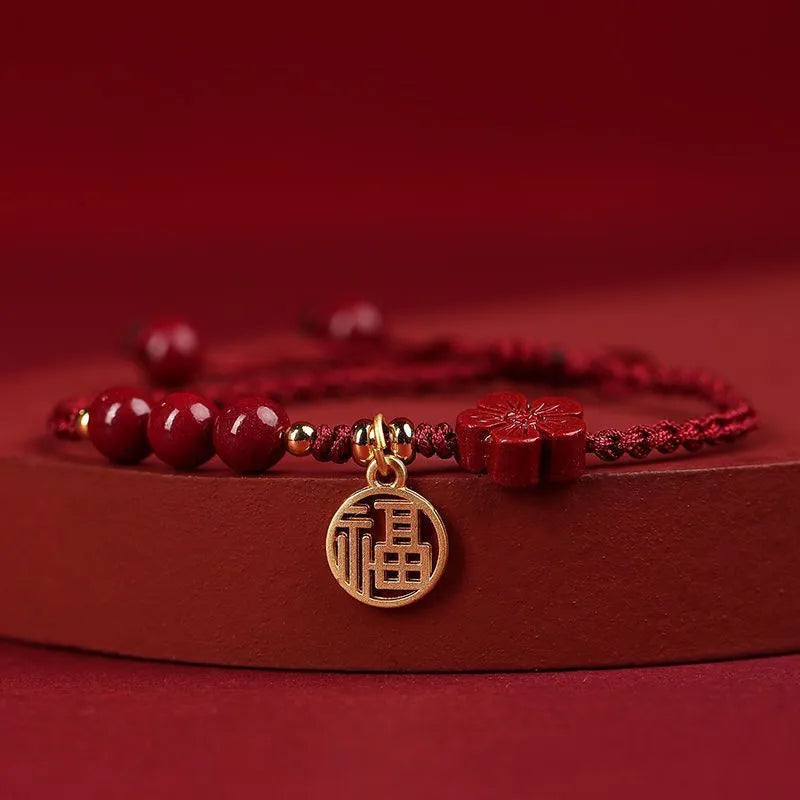 Cinnabar exam luck bracelet with braided rope in black, red or wine red with blessing card charm