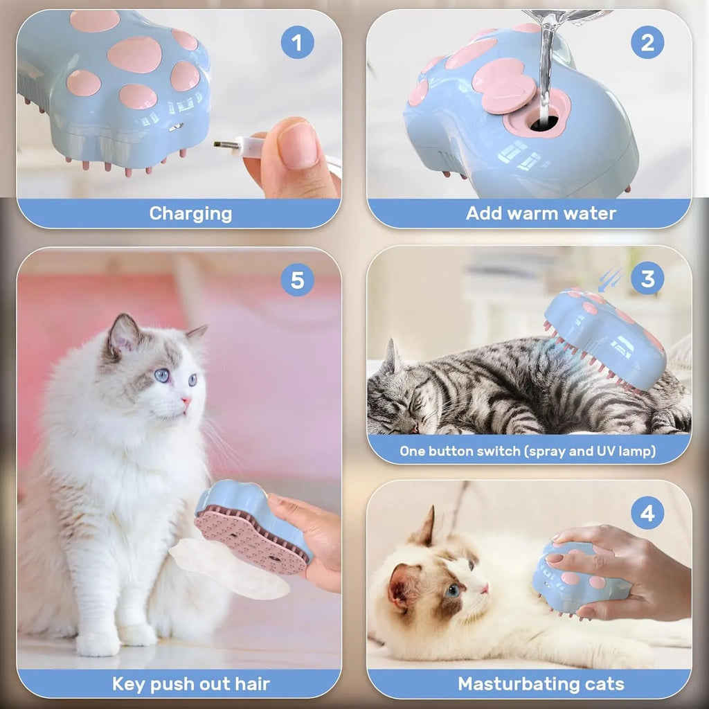 Self-cleaning cat steam brush with blue light, silicone bristles, and rechargeable spray function