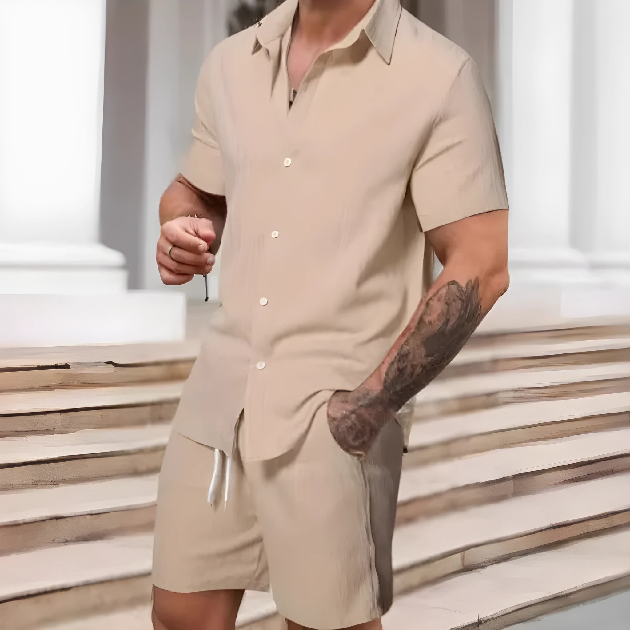 Striped printed men's casual suit with short sleeve shirt and matching shorts in colour YT50313P1