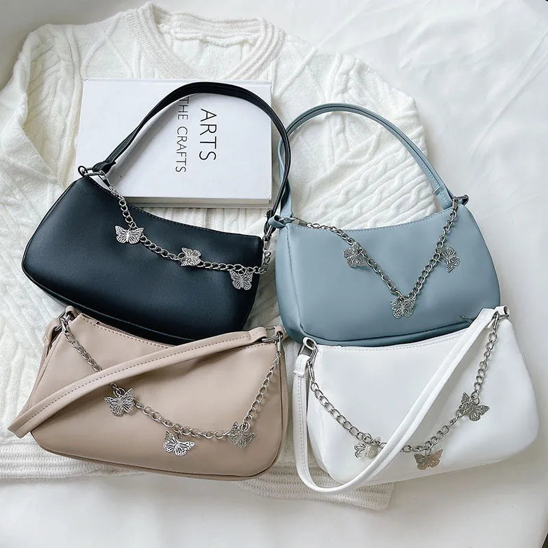 Retro butterfly chain underarm bag in PU leather with internal organisation compartments