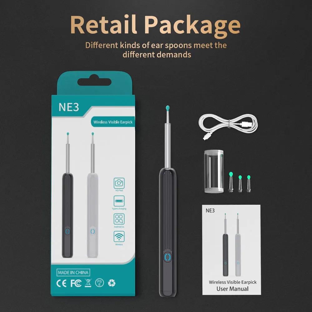 NE3 wireless ear cleaner otoscope with camera, spoon heads, and charging cable on white background