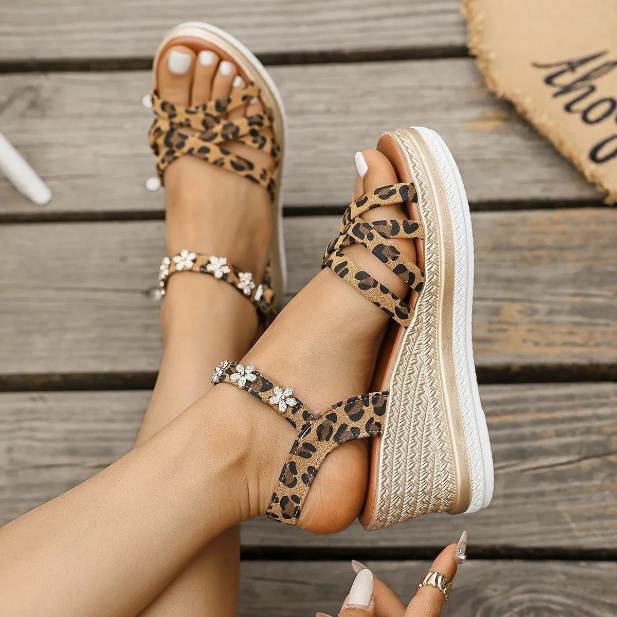 Light brown suede Roman style platform sandals with ankle buckle fastening