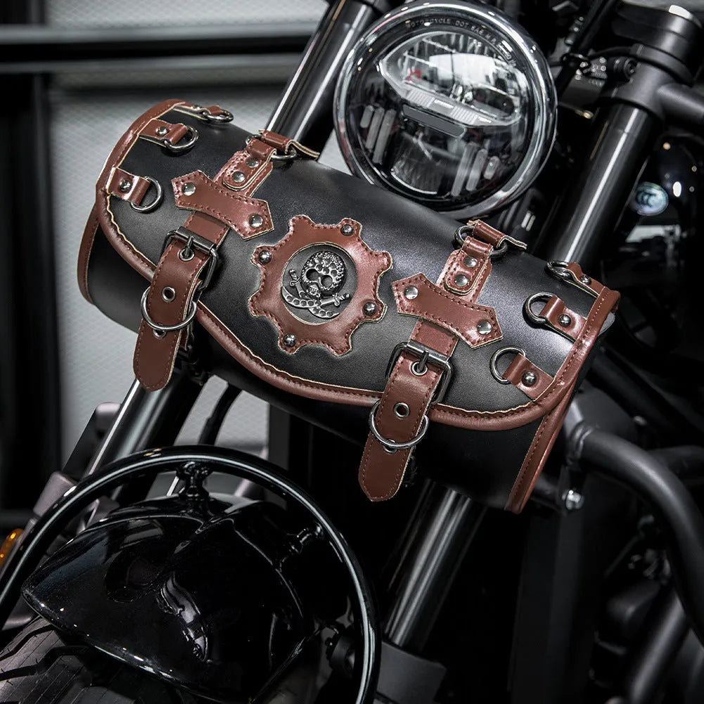 Black PU leather motorcycle pannier bag mounted on a retro bike