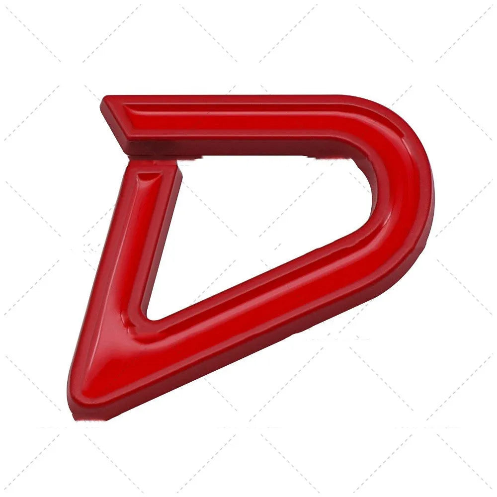 Metal decorative car bumper stickers showing SD, D and S patterns in red, silver and black colour combinations