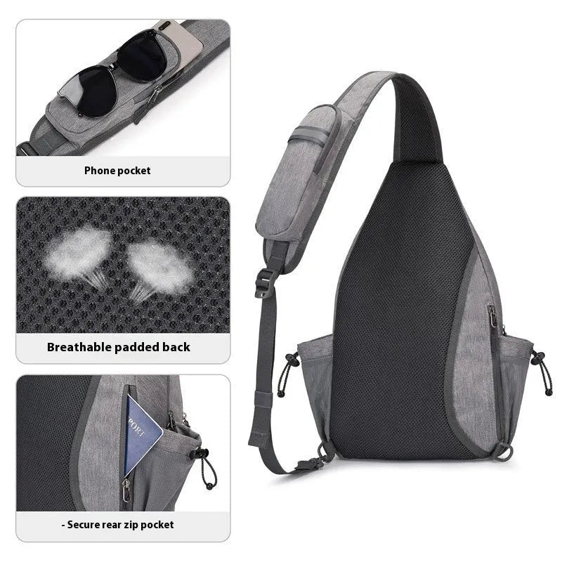 Oxford cloth chest bag for adults in crossbody style, foldable large capacity with open pocket, grey colour option
