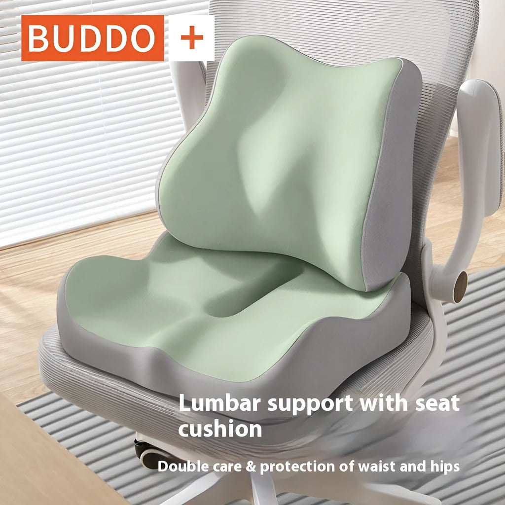 A grey and blue memory foam seat cushion for waist and tailbone support on an office chair.