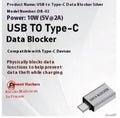 Data blocker USB male to Type-C female adapter in silver aluminium alloy for secure charging