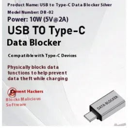 Data blocker USB male to Type-C female adapter in silver aluminium alloy for secure charging