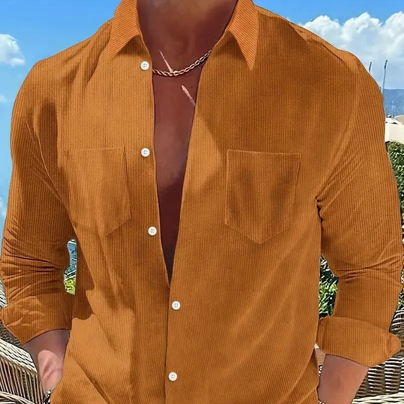 Vertical striped long sleeve corduroy shirt in loose cardigan style, available in seven colours and sizes S to 3XL.