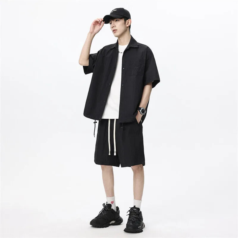 Men's loose casual hemp blend two-piece set with shirt and shorts in four colour options