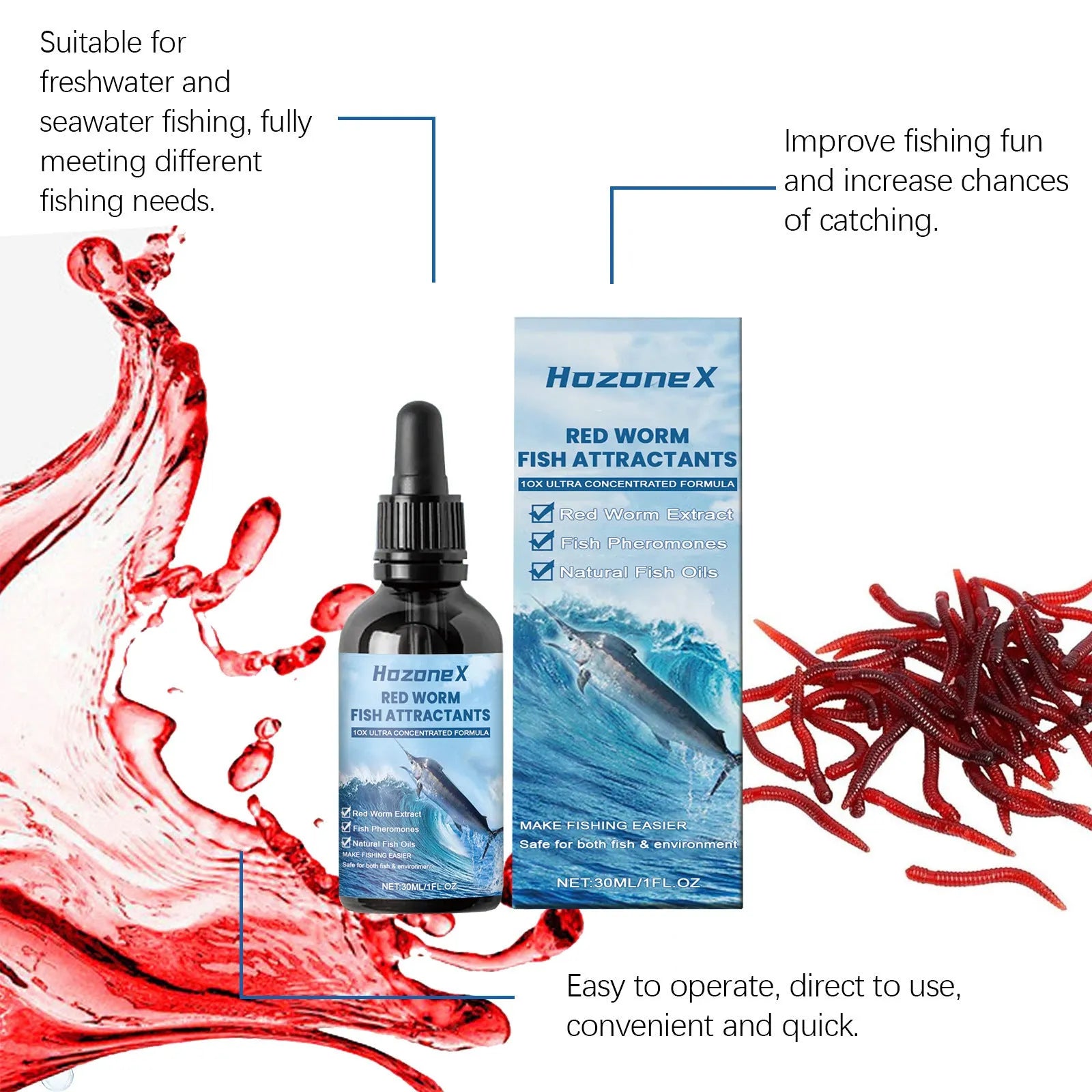 30ml red worm formula fishing bait attractant bottle with fish oil and dried shrimp powder ingredients