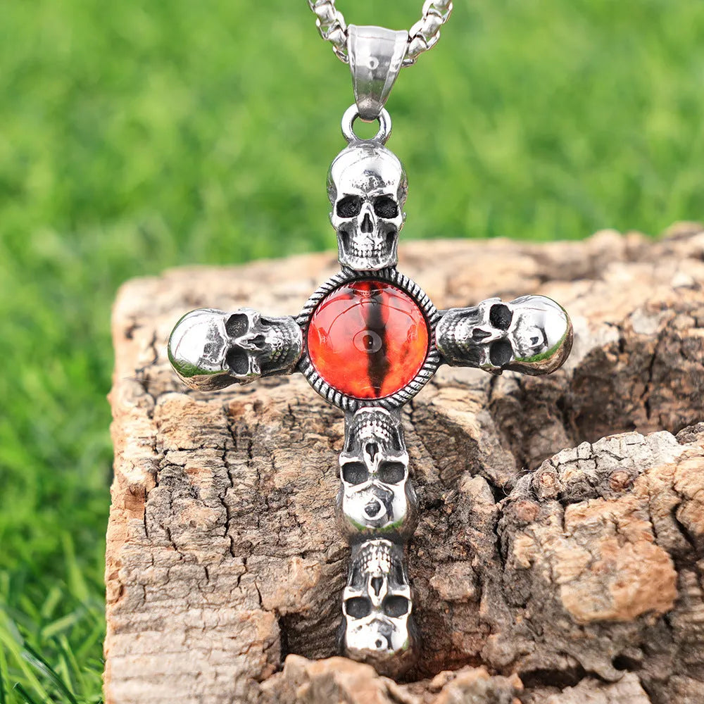 Stainless steel skull red eye cross polished pendant necklace with 60cm square pearl style chain