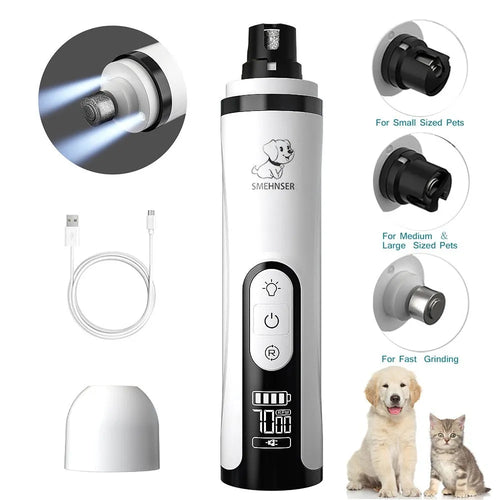 Automatic electric nail grinder for dogs with LED display and dust collection compartment.