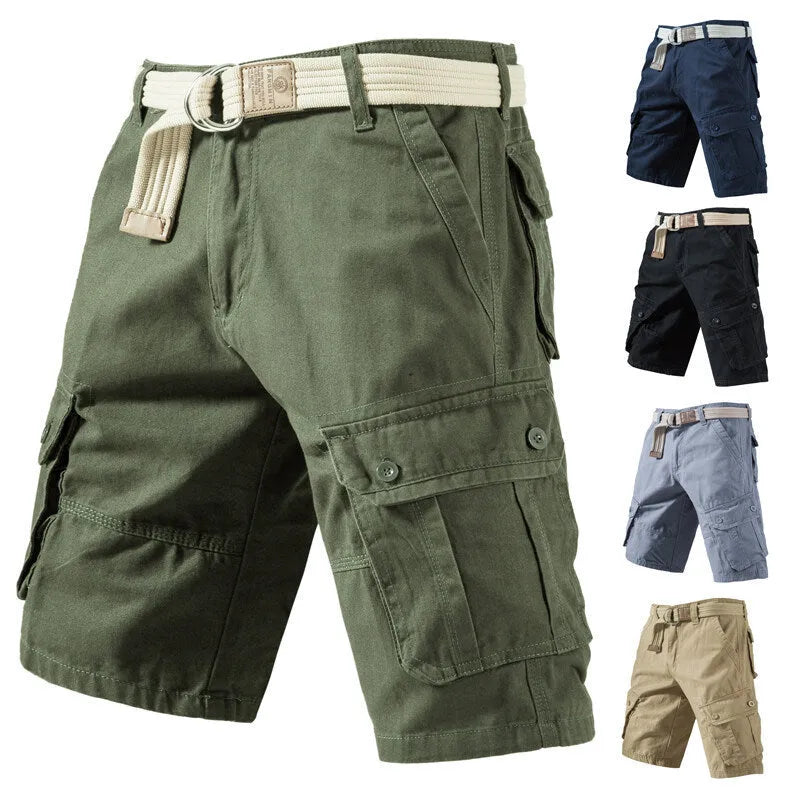 Cotton and polyester loose fit cargo shorts in army green with pockets, shown on size chart.