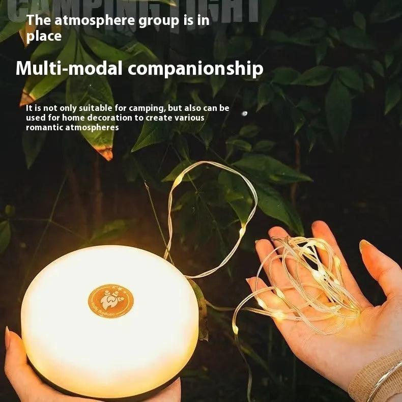 Charging multifunctional camping lantern with warm or colourful light, available in 8m, 10m, and 20m lengths.