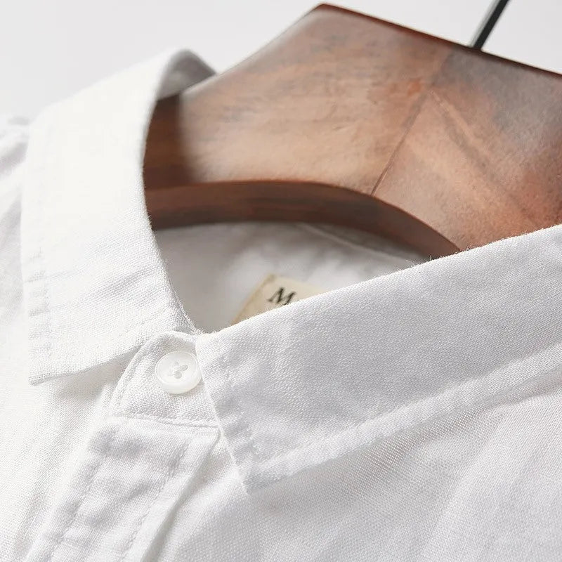 Men's square collar linen blend short sleeve shirt in loose cardigan style available in multiple colours