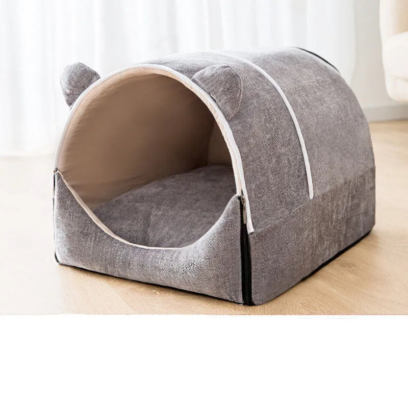 Enclosed chenille pet kennel with removable washable cover in blue, M size, for dogs under 10kg