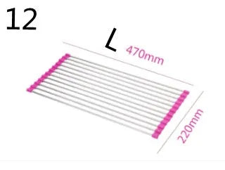 Folding stainless steel kitchen sink drying rack in red colour, shown extended for use.