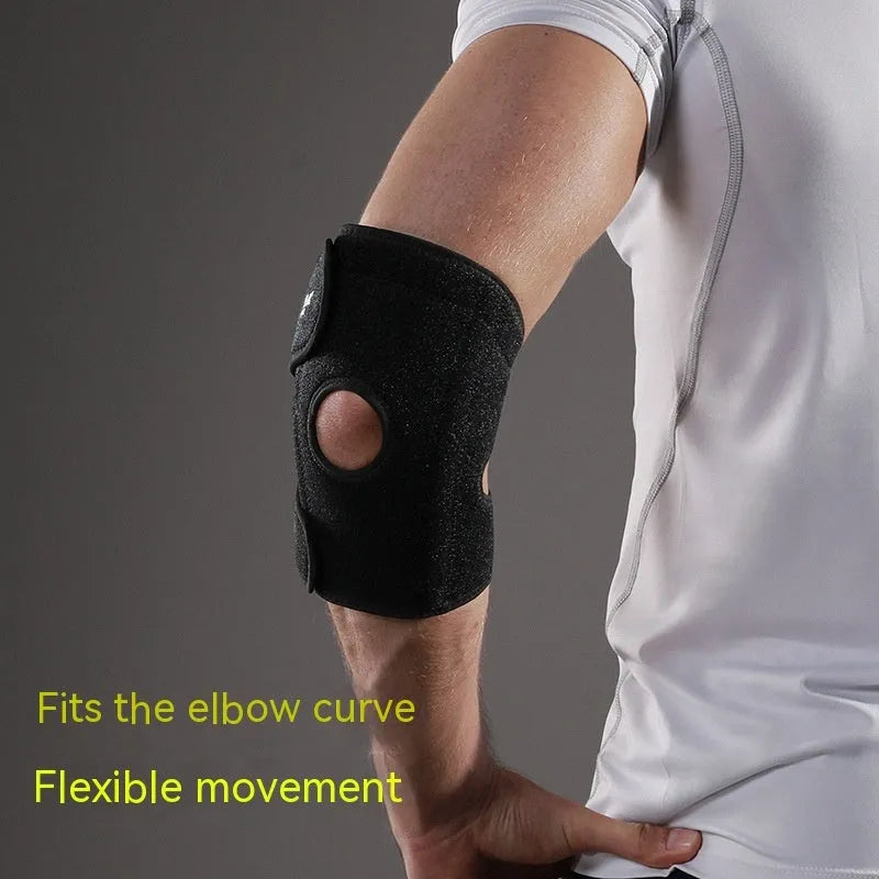 Black adjustable sports elbow guard shown on arm during athletic activity