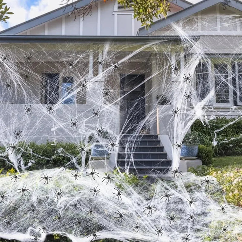 Cotton spider web Halloween decoration set with spiders in white colour scheme