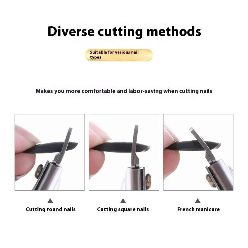 Stainless steel French U-shaped nail art scissors for cuticle trimming, shown in black, titanium, and silver finishes.