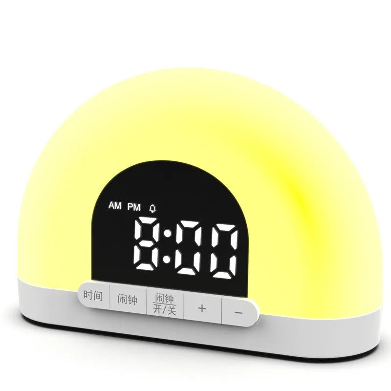 White display simulated sunrise alarm clock with ABS shell and DC cable on a bedside table