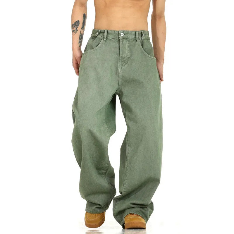 Men's high street washed jeans K640 Green non-stretch high-waist trousers with zip fly