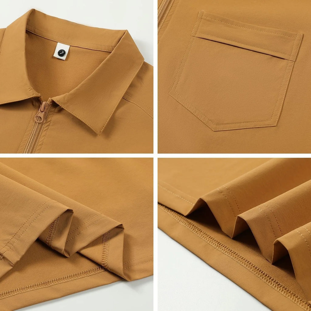 Short sleeve silver grey nylon shirt with a zipper pocket on the lapel.