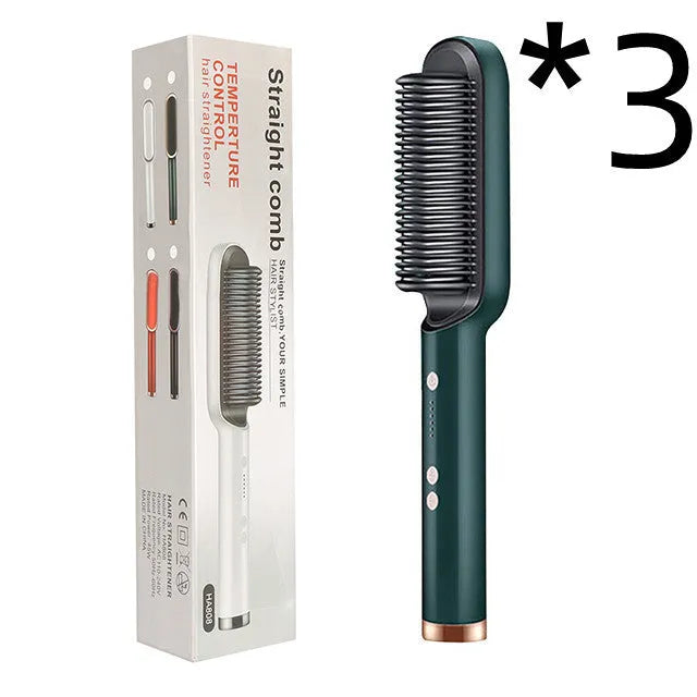 Red and black dual-function 2-in-1 hair straightener and curling tong hot comb on a white background