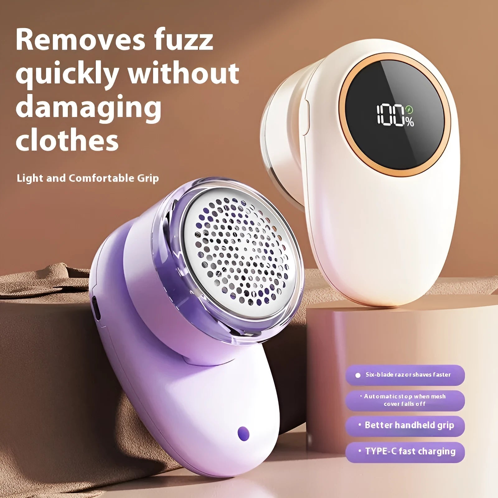 Beige and purple electric fur ball trimmer with digital display and multiple cutter heads on a table