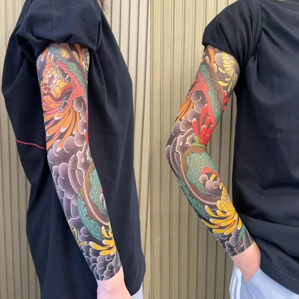 Unisex nylon sun protection ice sleeve in flower arm design with colour options like dragon, crane, and peony