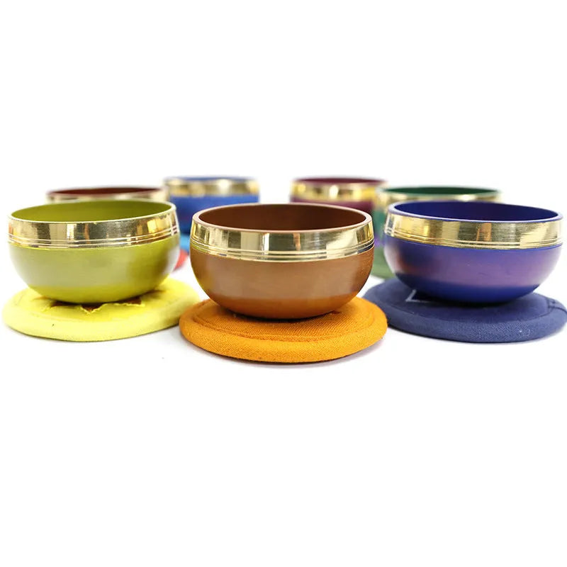 7.8cm handmade Himalaya singing bowl in seven colours: orange red, green, blue, sky blue, purple, yellow, red