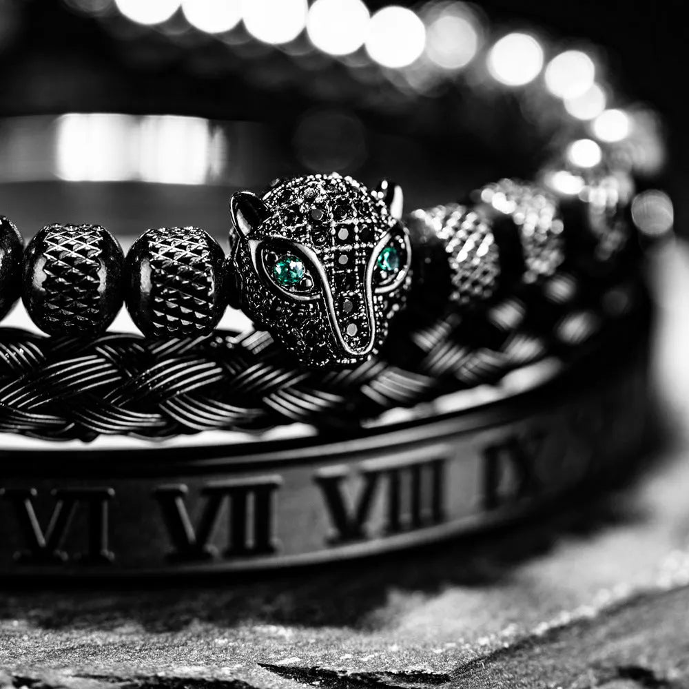 Leopard head titanium steel unisex bracelet with mesh pineapple beads and Roman style in black, gold or silver finish