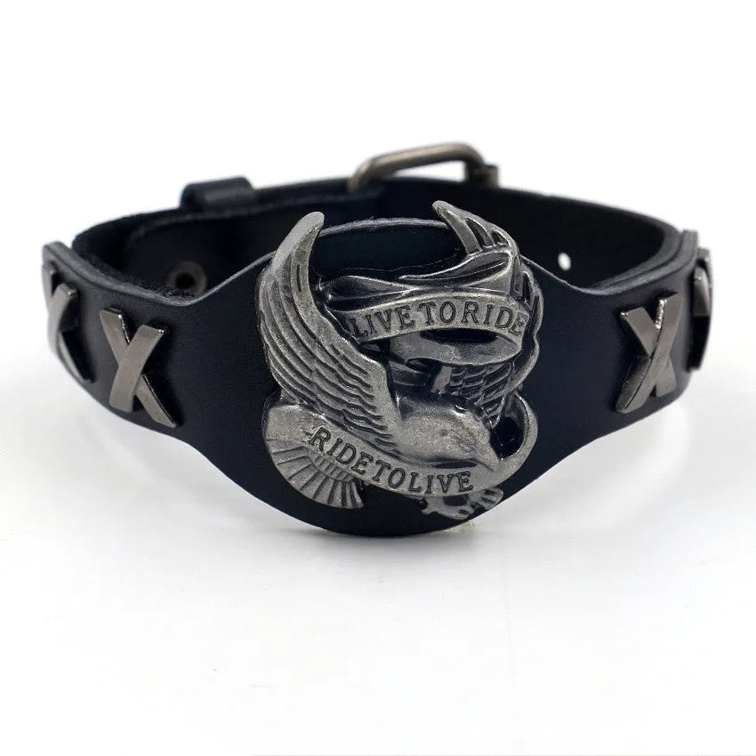 Black leather bracelet with geometric eagle watch-button clasp showing 26cm length and width variation