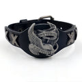 Black leather bracelet with geometric eagle watch-button clasp showing 26cm length and width variation