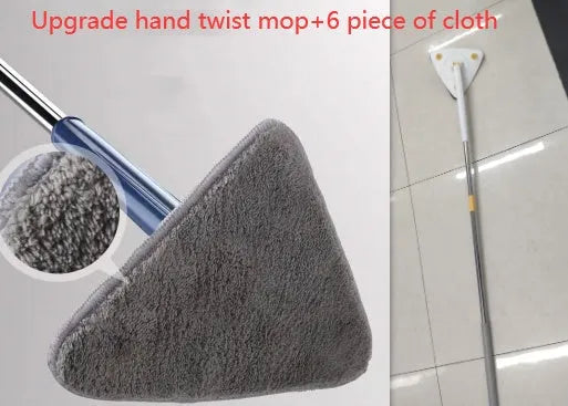 Extendable triangle mop with rotating blue head and adjustable stainless steel pole for corner cleaning