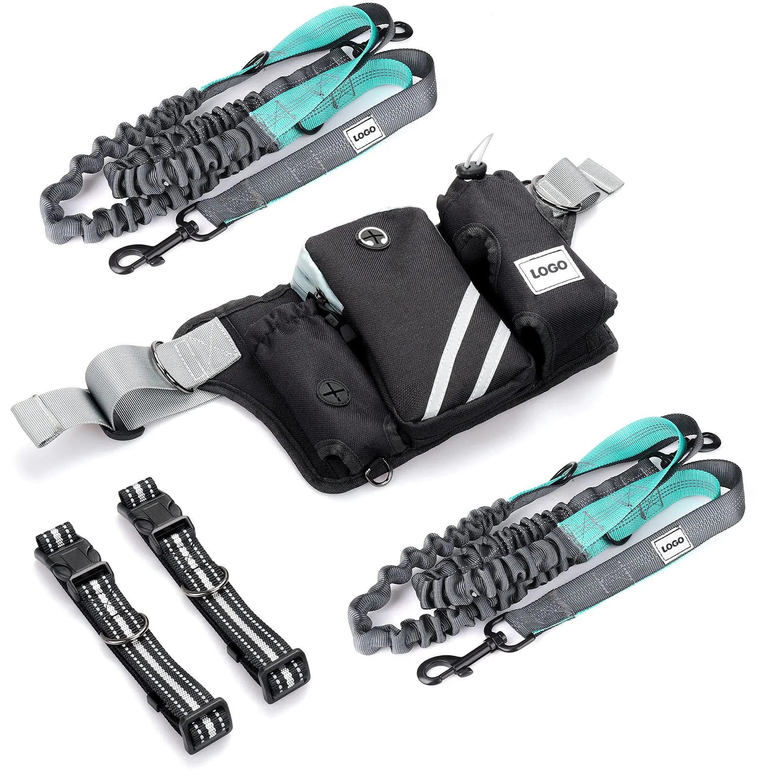 Black nylon pet training set showing waist bag with attached leash and matching dog collar