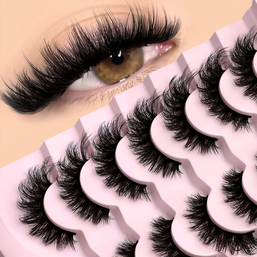 Box of natural false eyelashes and glue tube, showing dense artificial fibre lashes in one of six available styles.