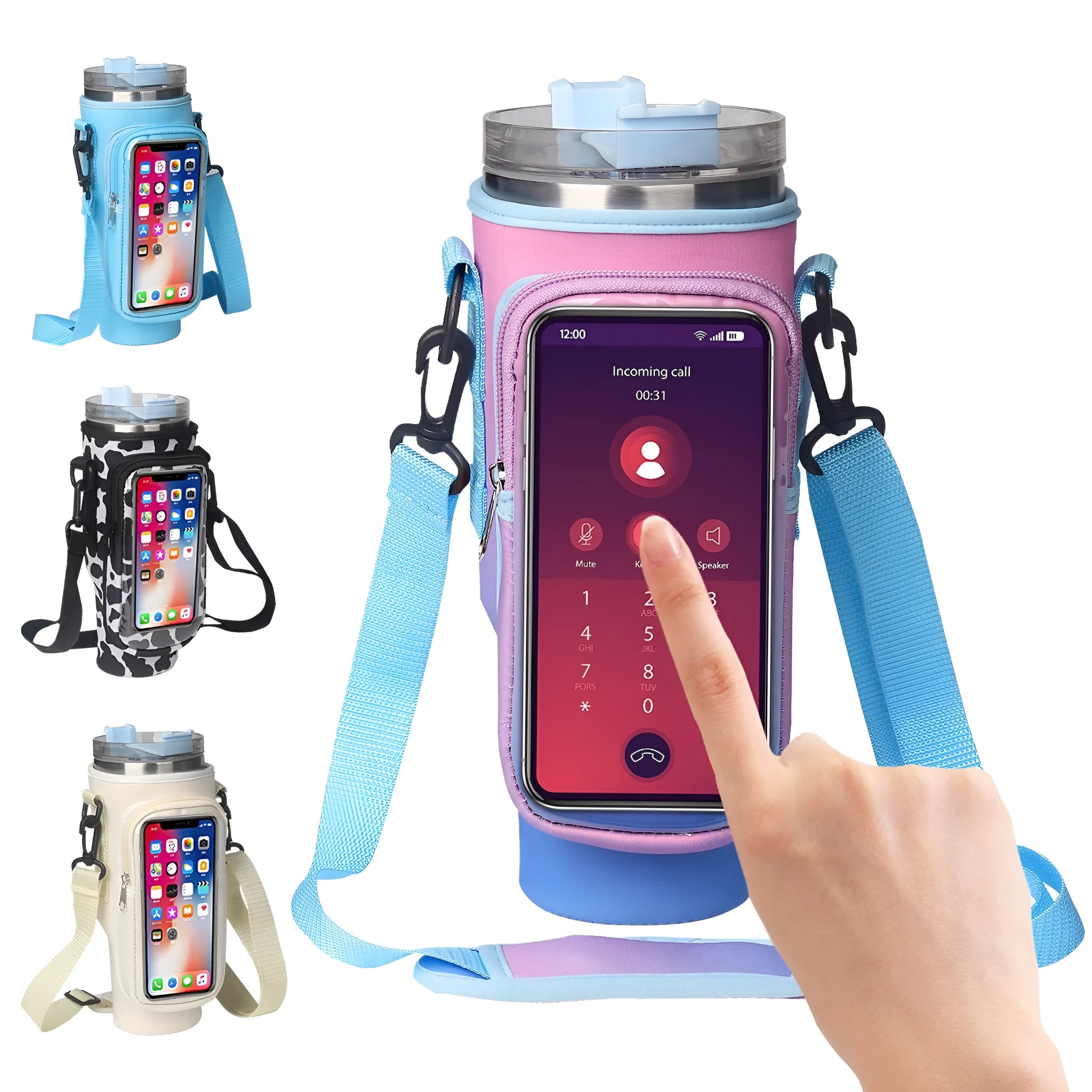 40oz neoprene cup cover with transparent touch screen and metal buckle in gradient purple