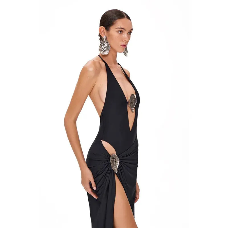 Plus size deep V-neck backless one-piece swimsuit with skirt set in black, nylon spandex fabric