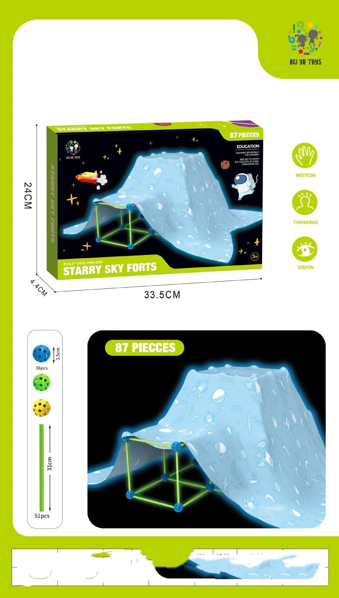 Luminous children's fort building kit with plastic sticks and connector balls for constructing castles and play tents