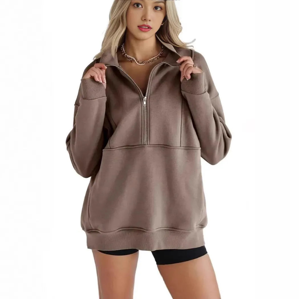 Women's loose fit hoody with zip patchwork pockets, thick brushed polyester pullover in multiple colours