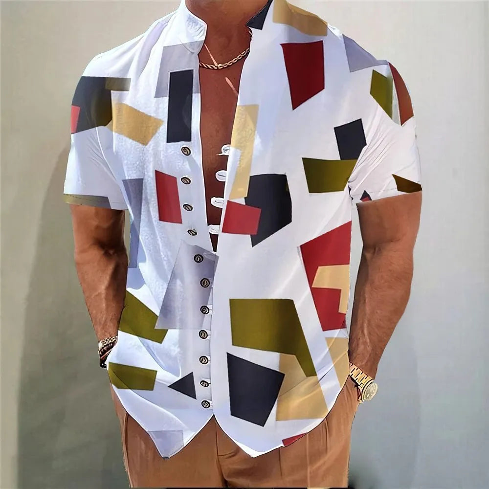 Youth short sleeve casual shirt with geometric 3D printed floral pattern in chemical fibre blending fabric