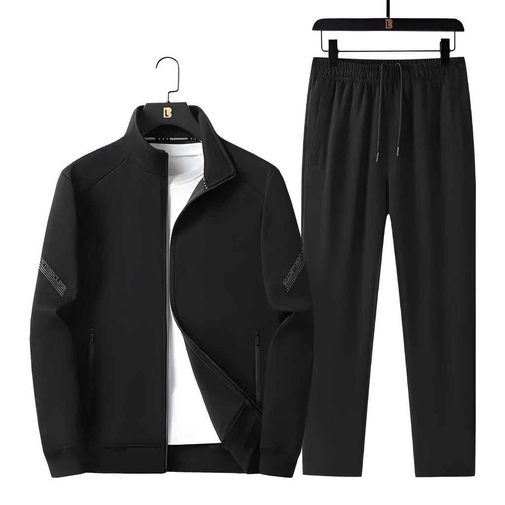 Men's black knit cotton plus size tracksuit set with jacket and trousers for spring autumn wear